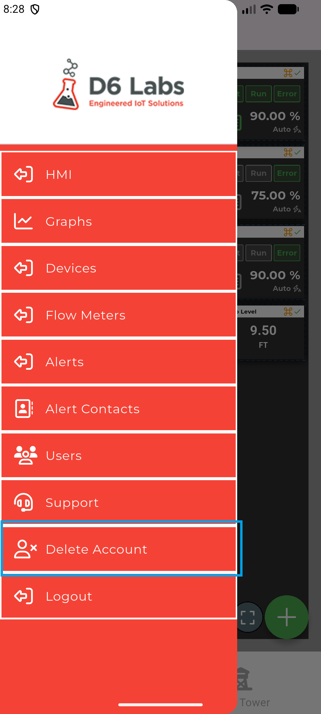 Tap Delete Account in the menu