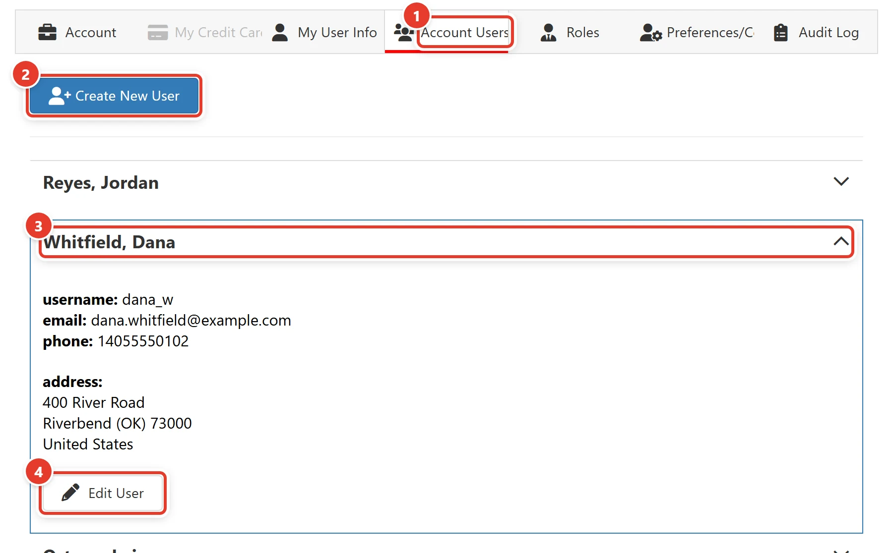 The Account Users tab with one user expanded