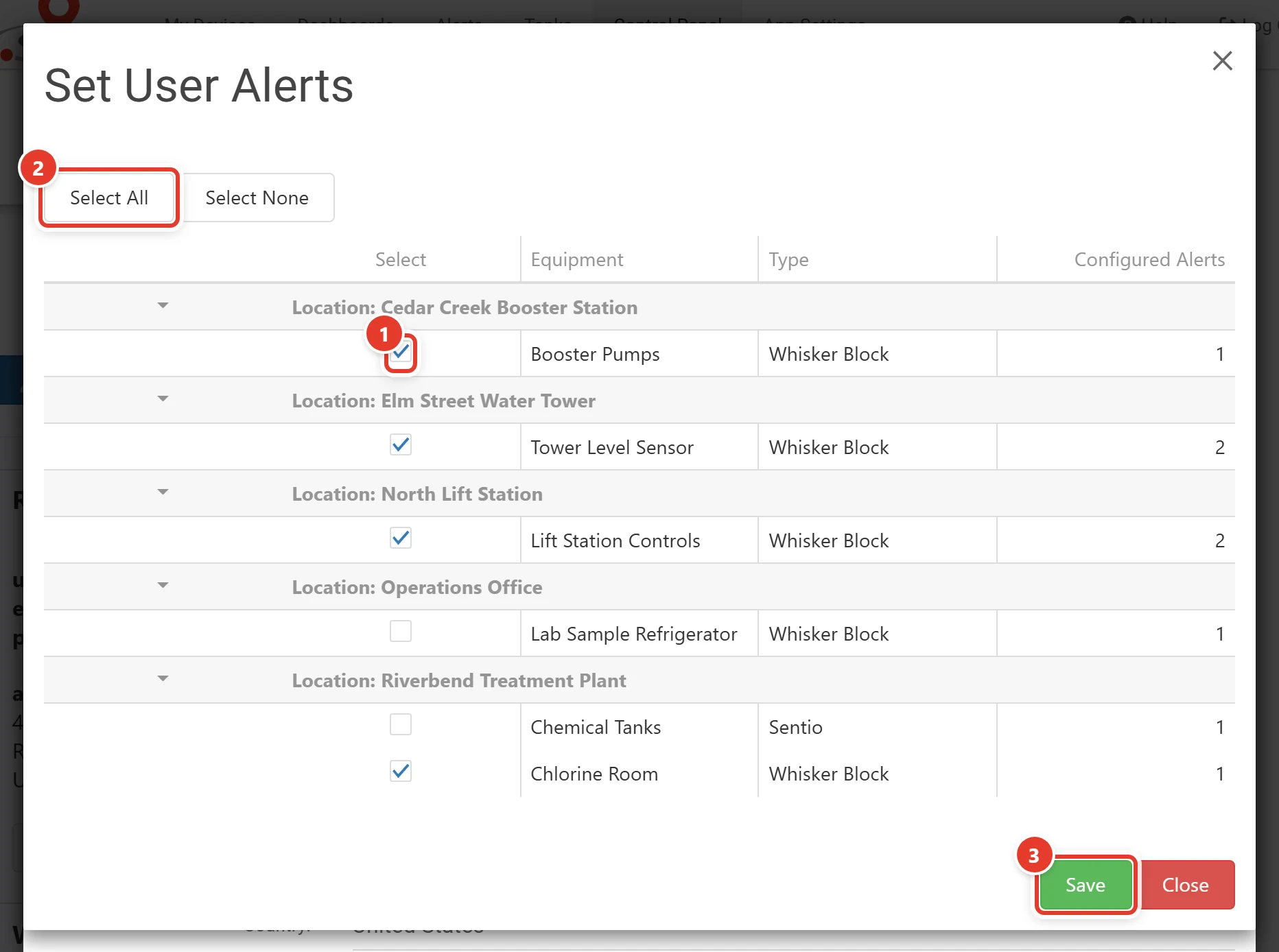 The Set User Alerts dialog