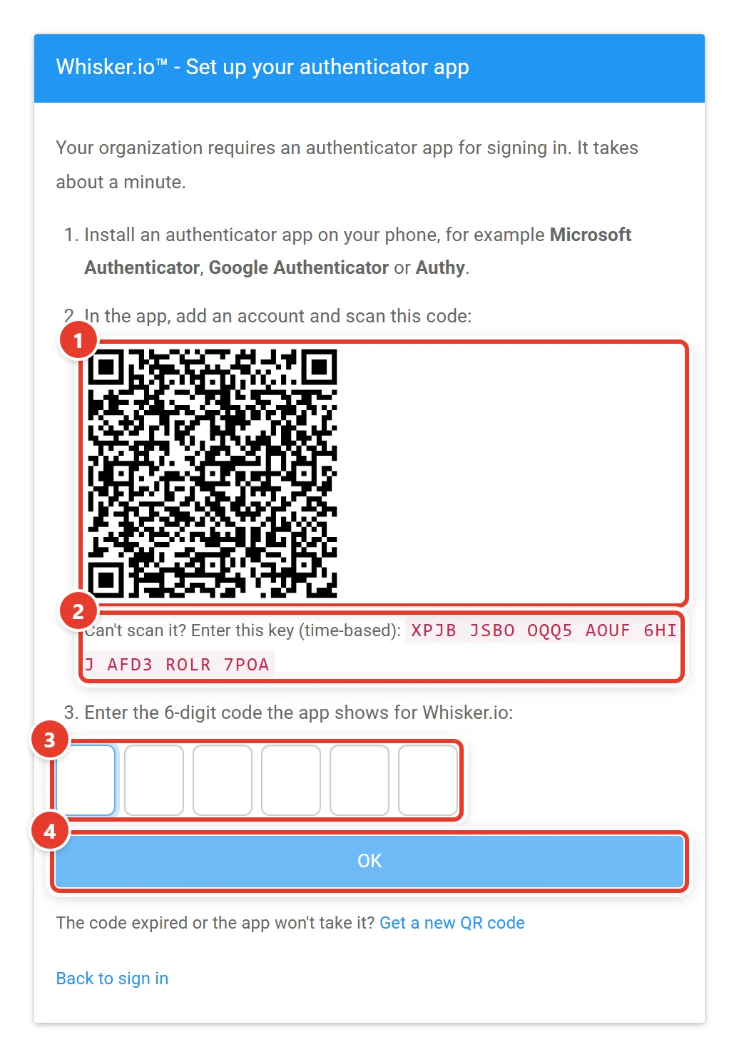 Setting up an authenticator app at sign-in